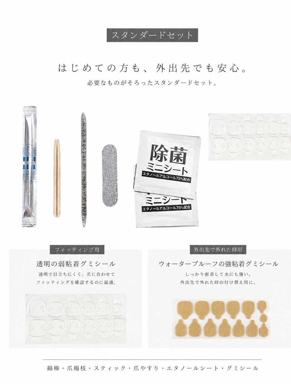 ネイル用スタンダードセットの内容品（フィッティング、スポンジバッファ、除菌ミニシート）